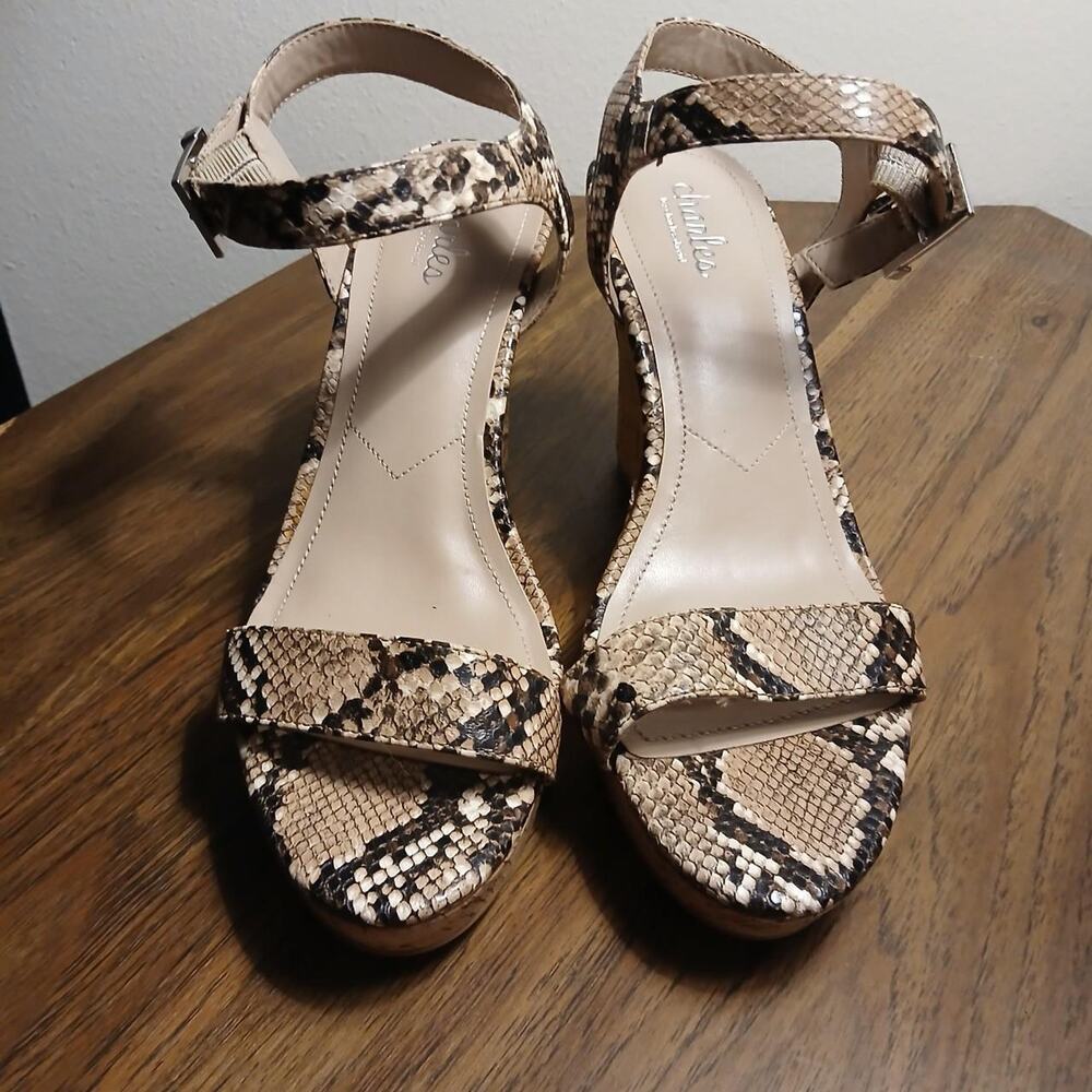 Strappy tan and brown snakeskin cork wedge platform‎ sandals, brand new, size 9 - Picture 2 of 5